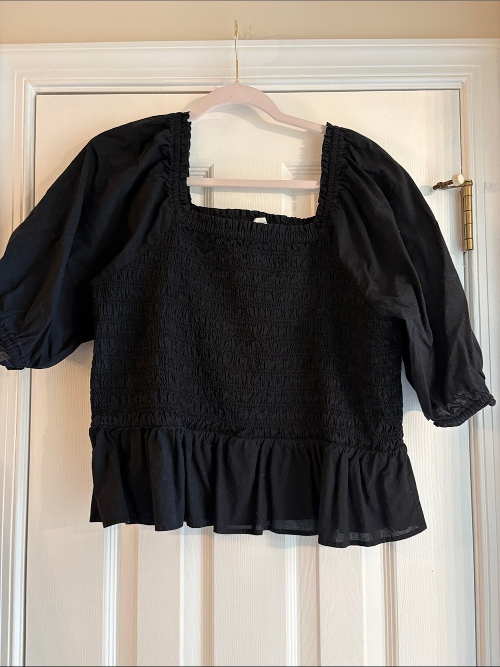 LOFT Black Smocked Square-Neck Puff Sleeve Peplum Top